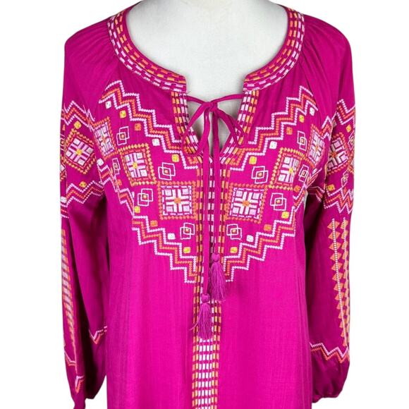 Savanna Jane Bright Pink Embroidered Long Sleeve Mini Western Shift Dress - Picture 6 of 13